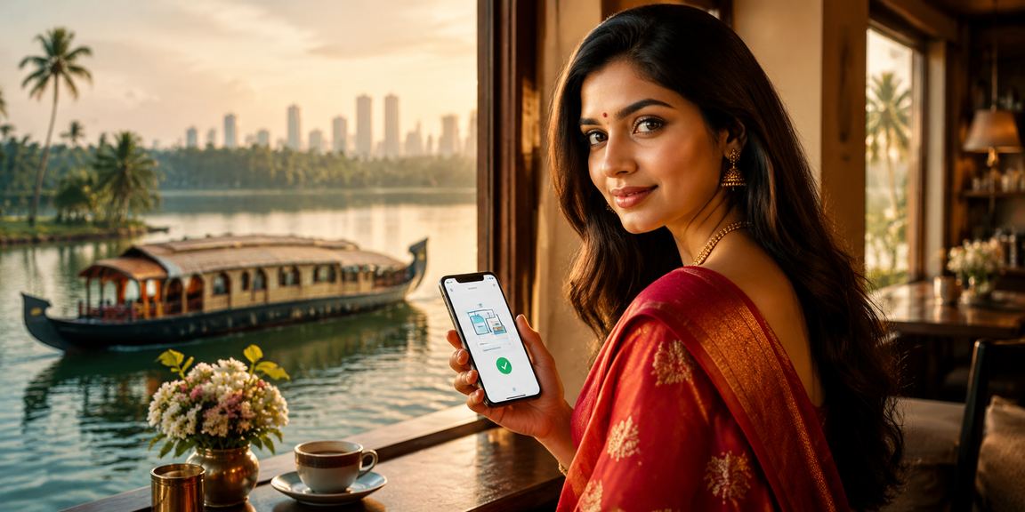 Indian female player enjoying casino bonus in Kerala backwaters